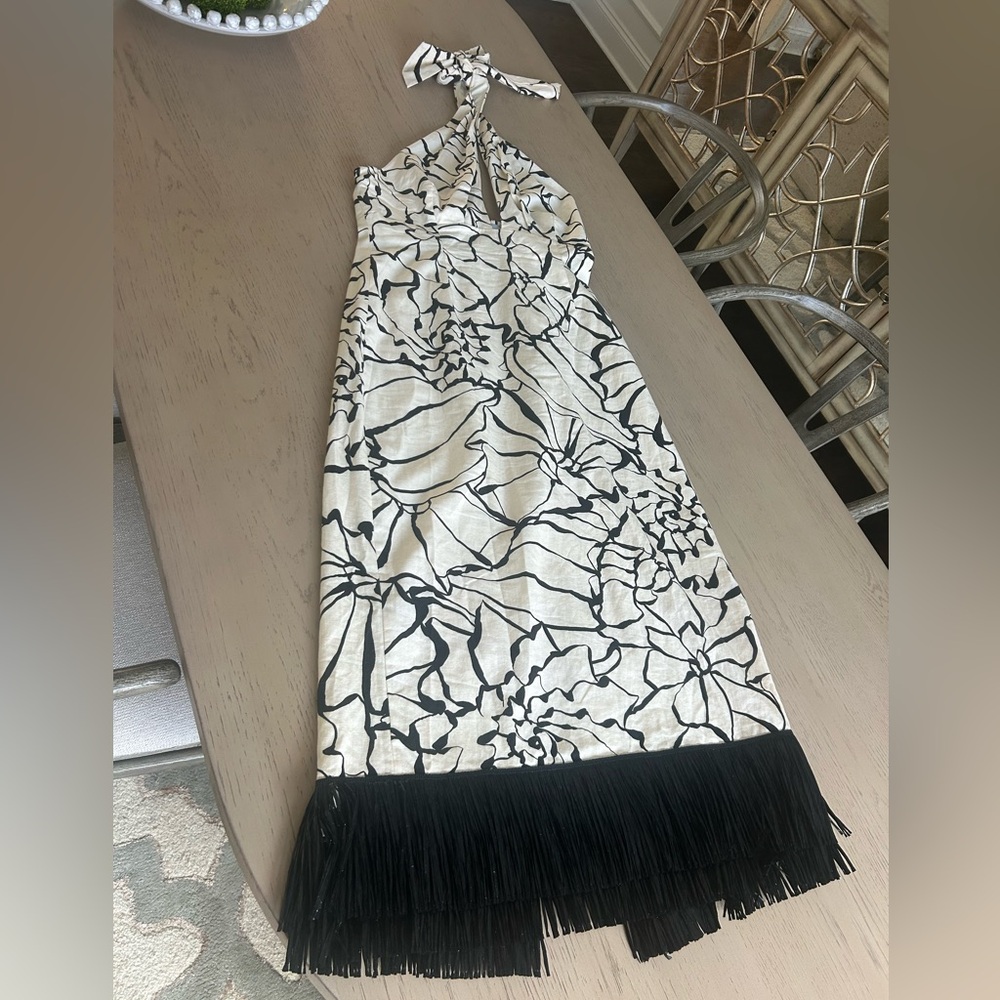 ANTONIO MELANI Cream and Black Halter Fringe Maxi Dress Size 12 - Picture 6 of 6